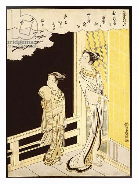 Постер A courtesan and her kamuro on a verandah watching flying geese in the rain с типом исполнения На холсте в раме в багетной раме 221-03
