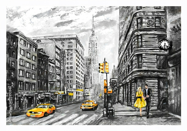 Постер Улица Нью-Йорка в серых и желтых тонах с типом исполнения На холсте в раме в багетной раме 221-03