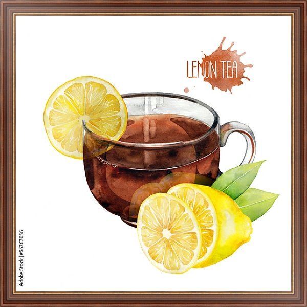 Постер Акварельная чашка чая с лимоном с типом исполнения На холсте в раме в багетной раме 35-M719P-83