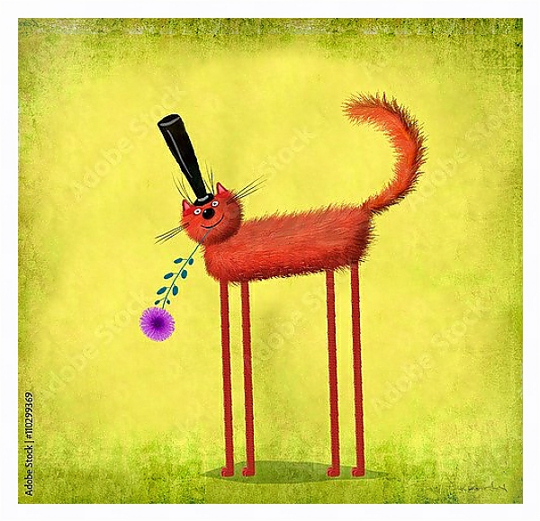 Постер Рыжий кот в шляпе с цветком с типом исполнения На холсте в раме в багетной раме 221-03