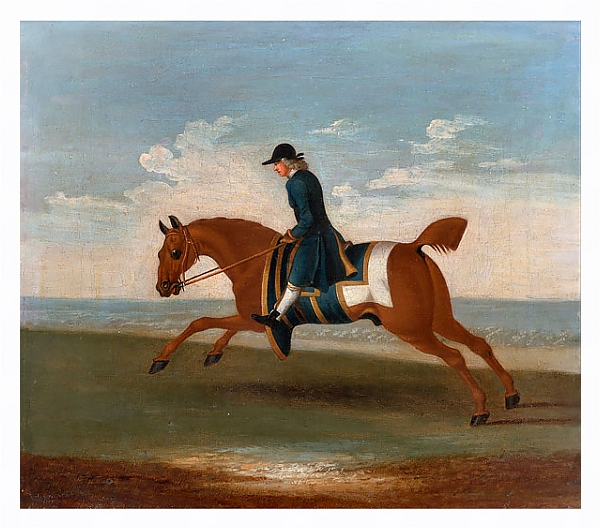 Постер One of Four Portraits of Horses - a Chestnut Racehorse Exercised by a Trainer in a Blue Coat 1730 с типом исполнения На холсте в раме в багетной раме 221-03