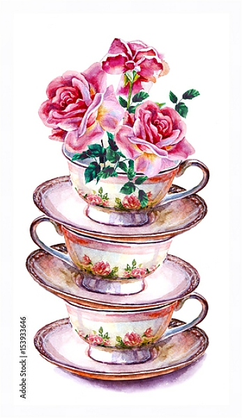 Постер Чашки чая и блюдца с цветами розы с типом исполнения На холсте в раме в багетной раме 221-03