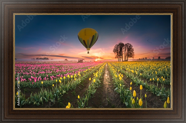 Постер Воздушные шары, парящие над полем тюльпанов с типом исполнения На холсте в раме в багетной раме 1.023.151