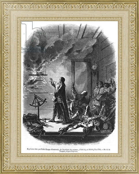 Постер Jean Chappe d'Auteroche Experimenting with Electricity in 1761, Tobolsk, Siberia, illustration from 'Le Magasin Pittoresque', 1855 с типом исполнения Акварель в раме в багетной раме 484.M48.725