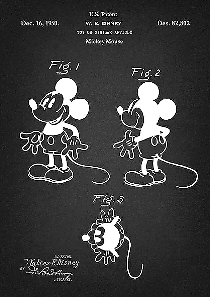 Постер Патент на героя Mickey Mouse, Disney, 1930г с типом исполнения На холсте без рамы