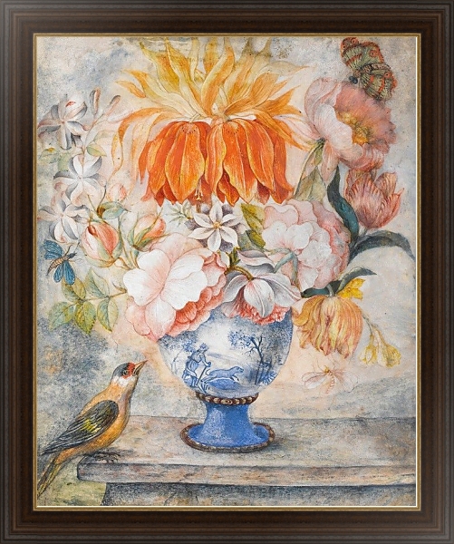 Постер Still Life Of Flowers In A Blue Decorative Vase With A Bird Perched Beside On A Ledge с типом исполнения На холсте в раме в багетной раме 1.023.151