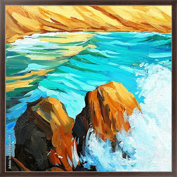 Постер Морской пейзаж с волнами и скалами  с типом исполнения На холсте в раме в багетной раме 221-02