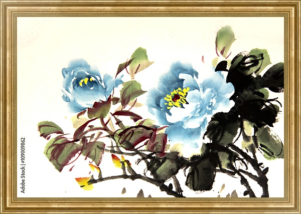 Постер Китайские голубые пионы с типом исполнения На холсте в раме в багетной раме NA033.1.051