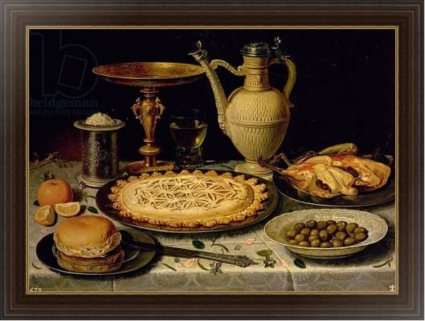Постер Still life with a tart, roast chicken, bread, rice and olives с типом исполнения На холсте в раме в багетной раме 1.023.151