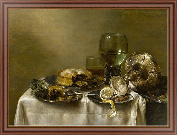 Постер A still life with an overturned silver tazza, glassware, pies and a peeled lemon on a table с типом исполнения На холсте в раме в багетной раме 35-M719P-83
