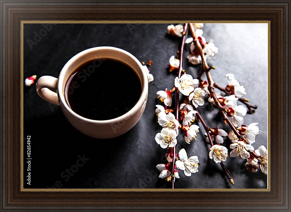 Постер Чашка кофе и ветка цветущей вишни с типом исполнения На холсте в раме в багетной раме 1.023.151