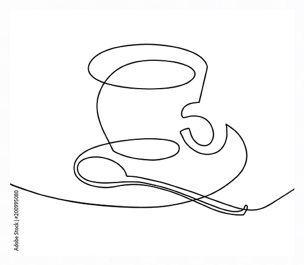 Постер чашка кофе с чайной ложкой - непрерывный рисунок из линии с типом исполнения На холсте в раме в багетной раме 221-03