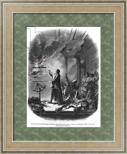 Постер Jean Chappe d'Auteroche Experimenting with Electricity in 1761, Tobolsk, Siberia, illustration from 'Le Magasin Pittoresque', 1855 с типом исполнения Акварель в раме в багетной раме 485.M40.584