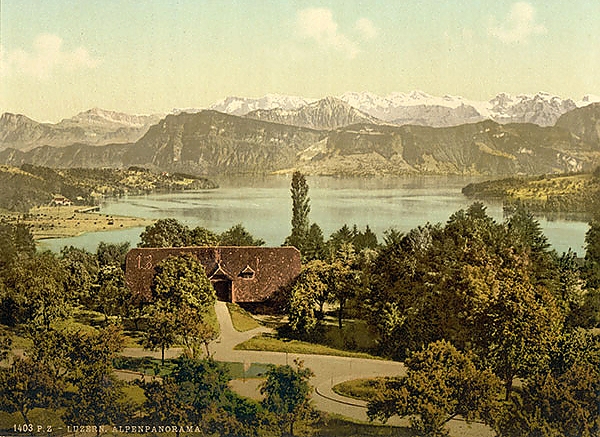 Постер Швейцария. Люцерн, панорама Альп с типом исполнения На холсте без рамы