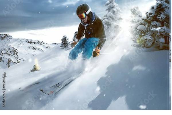 Постер Лыжник едет по глубокому рыхлому снегу с типом исполнения На холсте без рамы