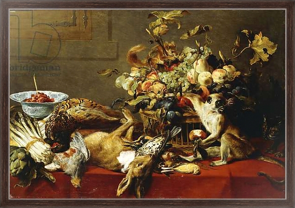 Постер A Basket of Fruit on a Draped Table with Dead Game and a Monkey, с типом исполнения На холсте в раме в багетной раме 221-02