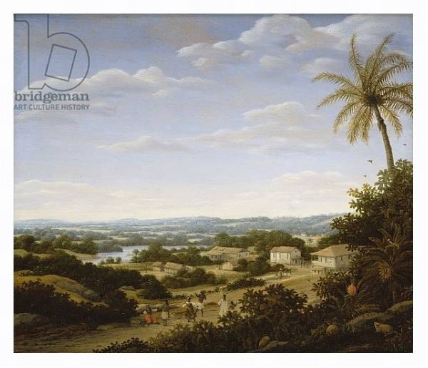 Постер Brazilian landscape with natives on a road approaching a village, 1665 с типом исполнения На холсте в раме в багетной раме 221-03