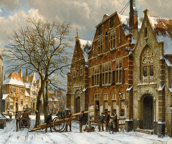 Постер Winter Street Scene, Oudewater с типом исполнения На холсте без рамы