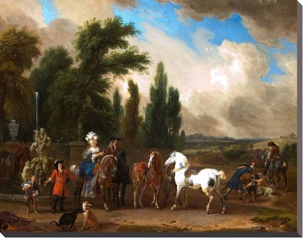 Постер Пейзаж с нарядными людьми, лошадьми и собаками с типом исполнения На холсте без рамы