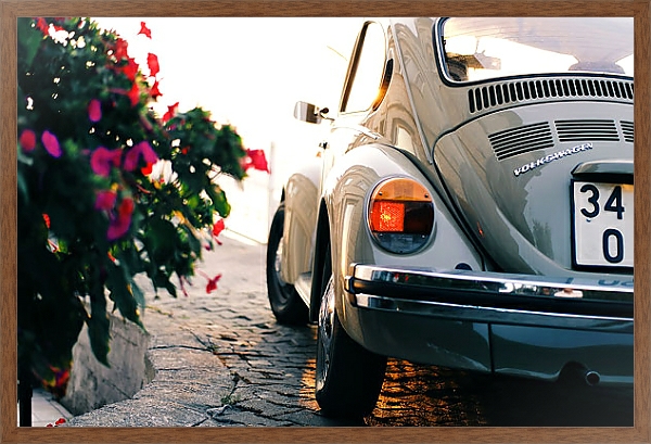 Постер Ретро-автомобиль у цветника с типом исполнения На холсте в раме в багетной раме 1727.4310