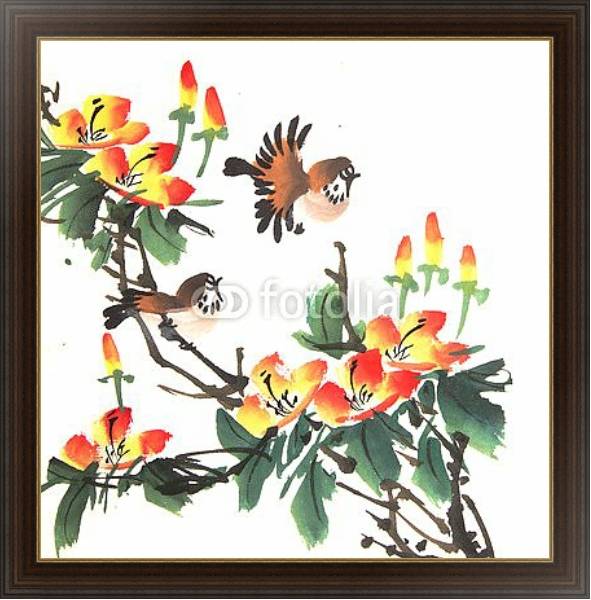Постер Китайские птички на цветущем кусте с типом исполнения На холсте в раме в багетной раме 1.023.151