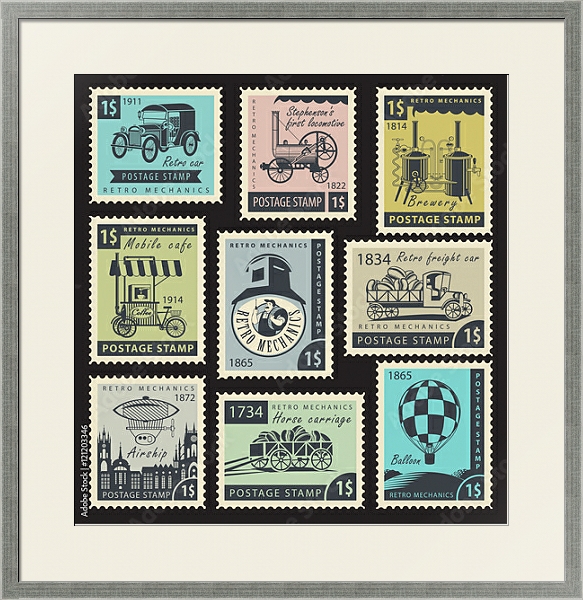 Постер Набор марок на тему ретро-механики с типом исполнения Под стеклом в багетной раме 1727.2510