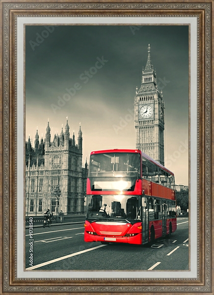 Постер Англия, Лондон. Современный красный автобус с типом исполнения На холсте в раме в багетной раме 595.M52.330