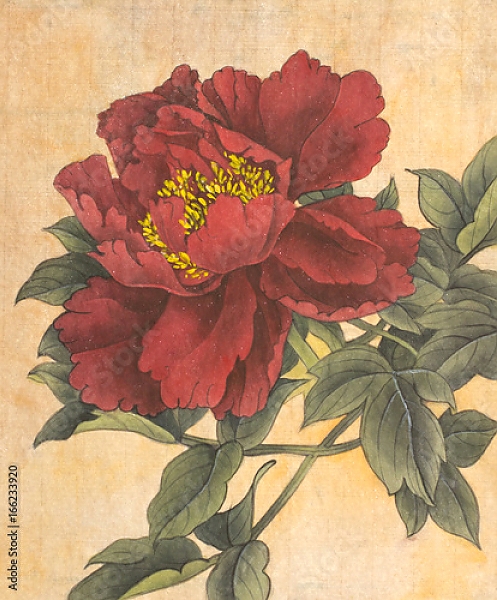 Постер Красный пион в ретро-стиле с типом исполнения На холсте без рамы
