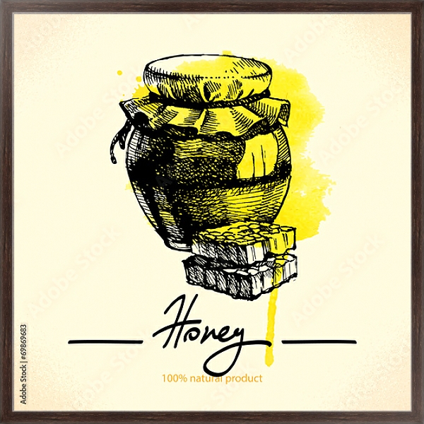 Постер Баночка с медом и сотами на желтой кляксе с типом исполнения На холсте в раме в багетной раме 221-02