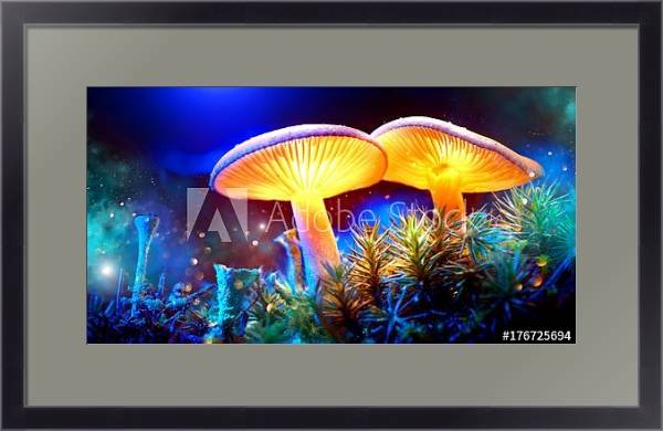 Постер Два светящихся гриба в загадочном темном лесу с типом исполнения Под стеклом в багетной раме 221-01