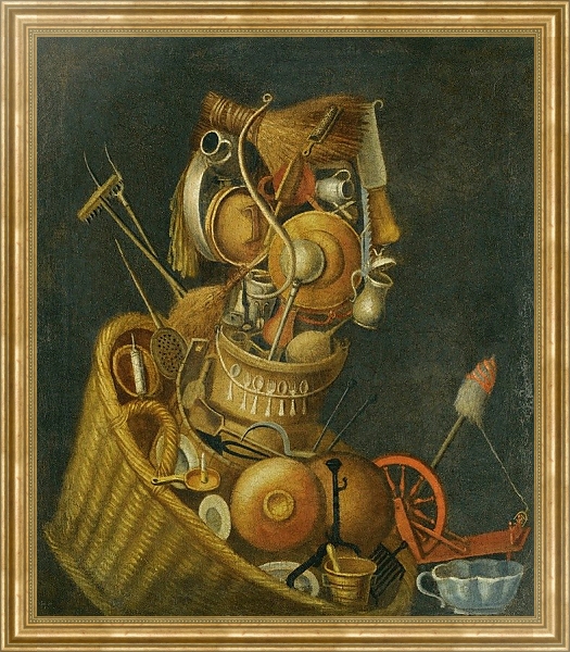Постер An Anthropomorphic Still Life With Pots, Pans, Cutlery, A Loom And Tools с типом исполнения На холсте в раме в багетной раме NA033.1.051