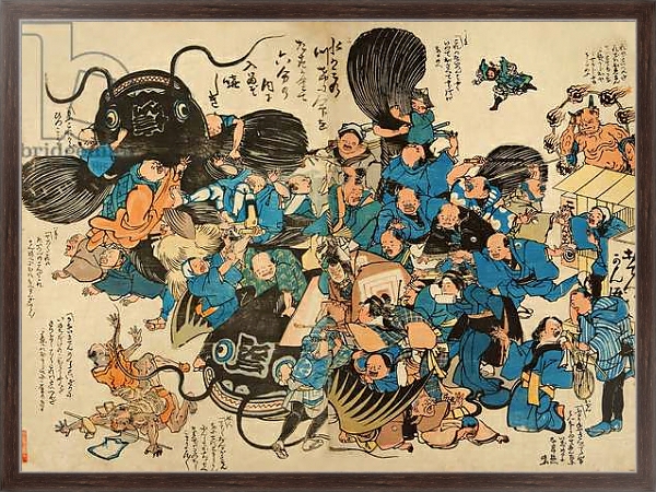 Постер Namazu being attacked by peasants с типом исполнения На холсте в раме в багетной раме 221-02