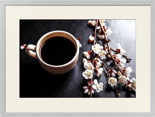 Постер Чашка кофе и ветка цветущей вишни с типом исполнения Под стеклом в багетной раме 1727.2310