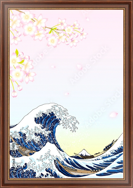 Постер Большие волны и цветы вишни с типом исполнения На холсте в раме в багетной раме 35-M719P-83