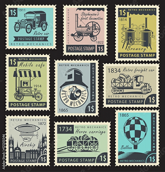 Постер Набор марок на тему ретро-механики с типом исполнения На холсте без рамы