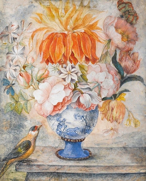 Постер Still Life Of Flowers In A Blue Decorative Vase With A Bird Perched Beside On A Ledge с типом исполнения На холсте без рамы