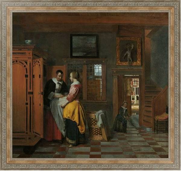Постер Interior with Women beside a Linen Cupboard, 1663 с типом исполнения На холсте в раме в багетной раме 484.M48.310