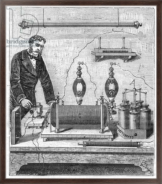 Постер Ruhmkorff inductor - The induction coil by Ruhmkorff - Engraving in “” Sciences made available to everyone - physics and chemistry”” by Alexis Clerc - End 19th century - Private collection с типом исполнения На холсте в раме в багетной раме 221-02