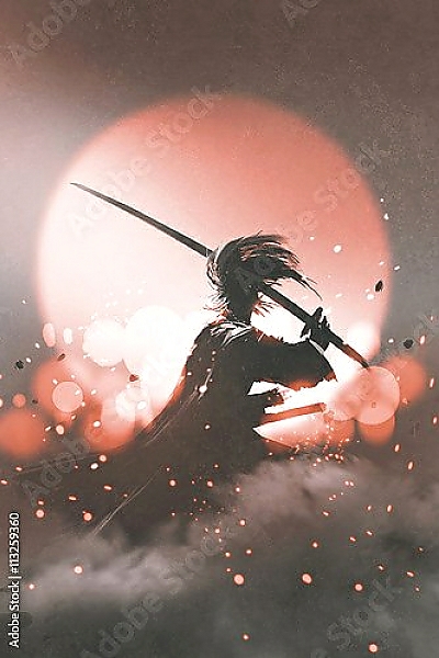 Постер Самурай с мечом, стоящего на фоне заката с типом исполнения На холсте без рамы