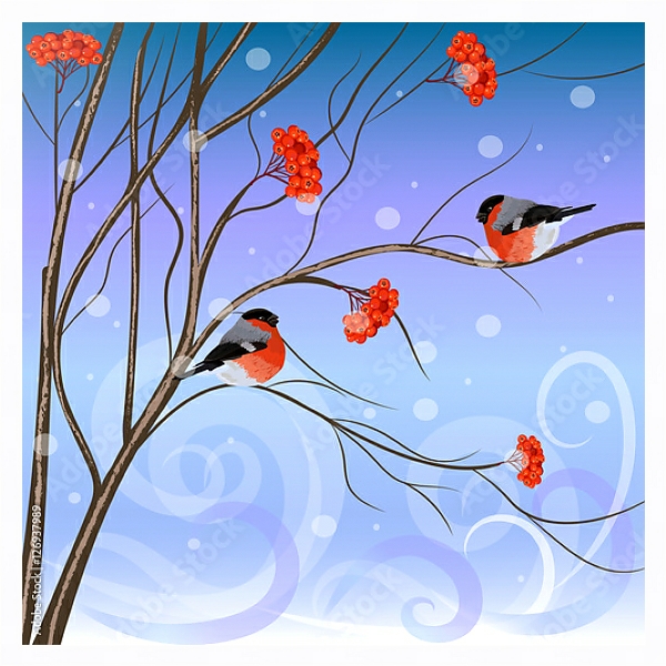 Постер Зимняя рябина со снегирями с типом исполнения На холсте в раме в багетной раме 221-03