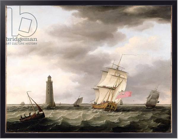 Постер A Man of War passing the Eddystone Lighthouse, c.1773 с типом исполнения На холсте в раме в багетной раме 221-01