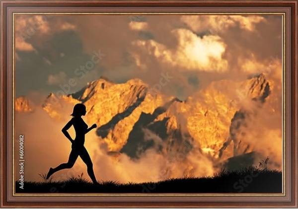 Постер Силуэт бегущего человека на фоне гор с типом исполнения На холсте в раме в багетной раме 35-M719P-83