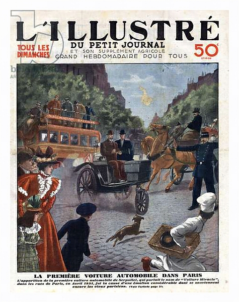 Постер First car in Paris, April 1891: Appearance of the first car of Serpollet that bore the name “Miracle Car”” in the streets of Paris in April 1891. A policeman rules traffic between omnibus, carriage and motor vehicle. Front page engraving of “” L'illustrio с типом исполнения На холсте в раме в багетной раме 221-03