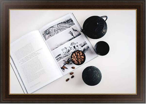 Постер Черный чайный набор с журналом с типом исполнения На холсте в раме в багетной раме 1.023.151
