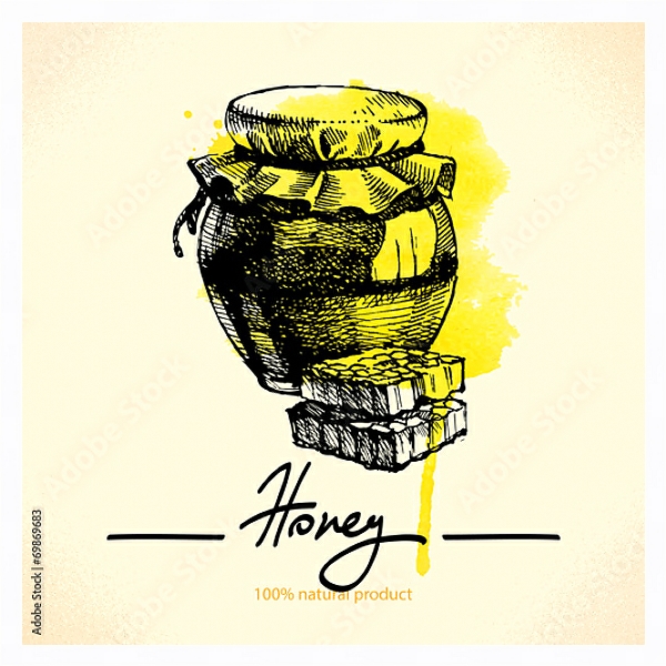 Постер Баночка с медом и сотами на желтой кляксе с типом исполнения На холсте в раме в багетной раме 221-03