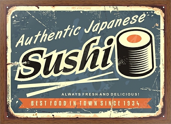 Постер Суши, ретро вывеска для японского ресторана с типом исполнения На холсте в раме в багетной раме 1727.4310