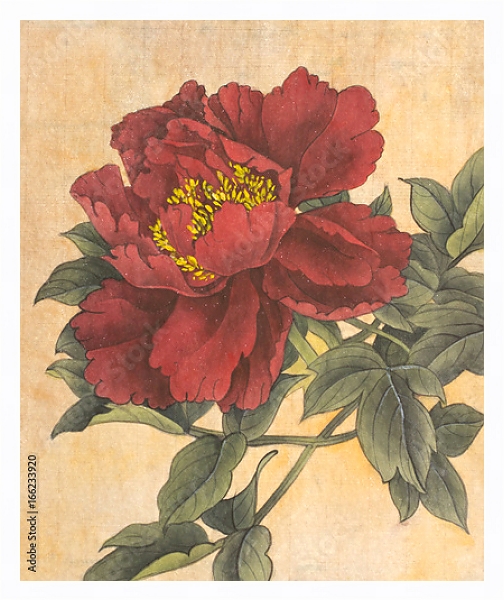 Постер Красный пион в ретро-стиле с типом исполнения На холсте в раме в багетной раме 221-03