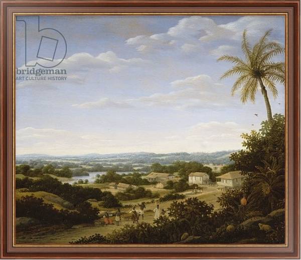 Постер Brazilian landscape with natives on a road approaching a village, 1665 с типом исполнения На холсте в раме в багетной раме 35-M719P-83