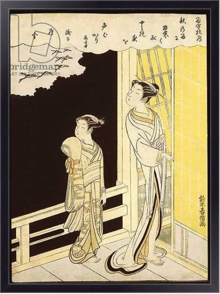 Постер A courtesan and her kamuro on a verandah watching flying geese in the rain с типом исполнения На холсте в раме в багетной раме 221-01