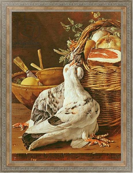 Постер Still Life with pigeons, wicker basket, ham, onions and a lemon с типом исполнения На холсте в раме в багетной раме 484.M48.310